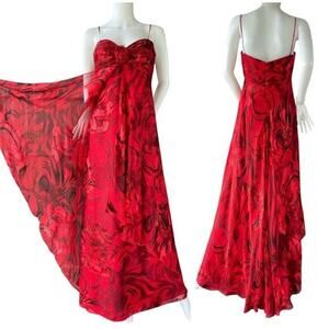 Vintage Y2K JS Collections Women's Silk Blend Rosette Maxi Dress, Size 6, In Red